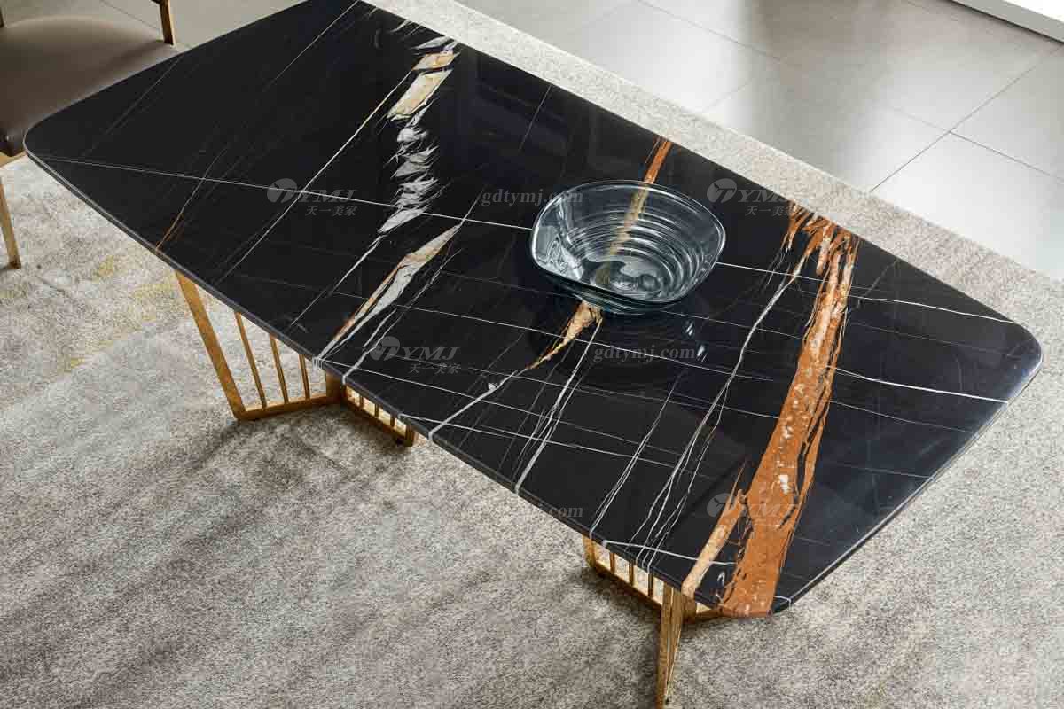 极简风格家具LUTUBE视频在线观看别墅会所大宅简约不锈钢底+劳伦黑金大理石长餐台WD707餐桌