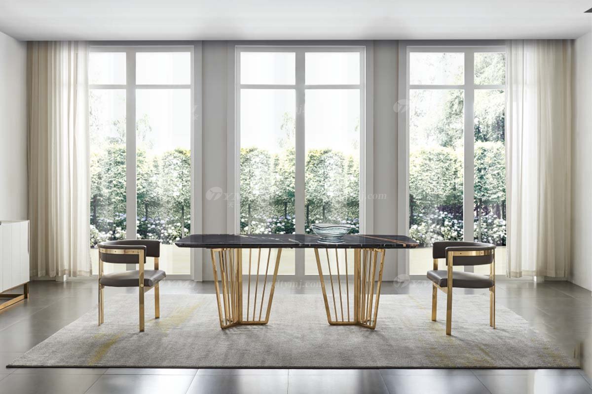 极简风格家具LUTUBE视频在线观看别墅会所大宅简约不锈钢底+劳伦黑金大理石长餐台WD707餐桌