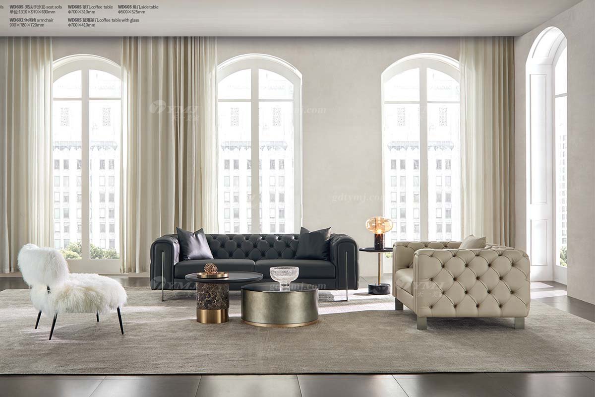 极简风格家具LUTUBE视频在线观看别墅会所大宅简约拉扣实木灰色半皮扶手单位沙发WD606沙发