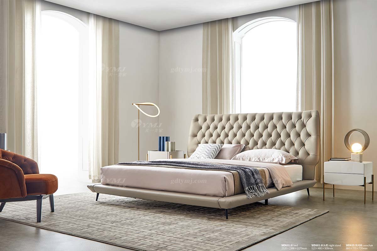 极简风格家具LUTUBE视频在线观看别墅会所大宅时尚创意实木灰色半皮大床WD601床