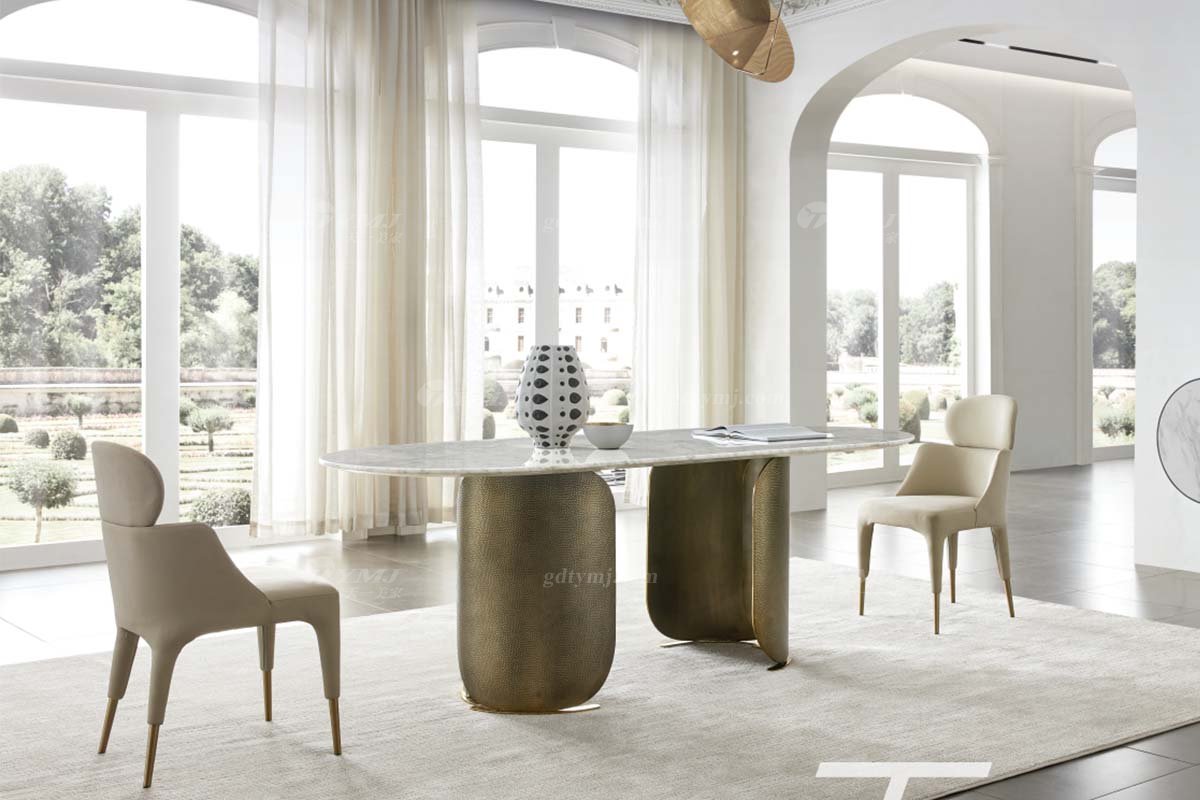 极简风格家具LUTUBE视频在线观看别墅会所大宅简约天然大理石+不锈钢青古铜长餐桌WD608餐桌场景