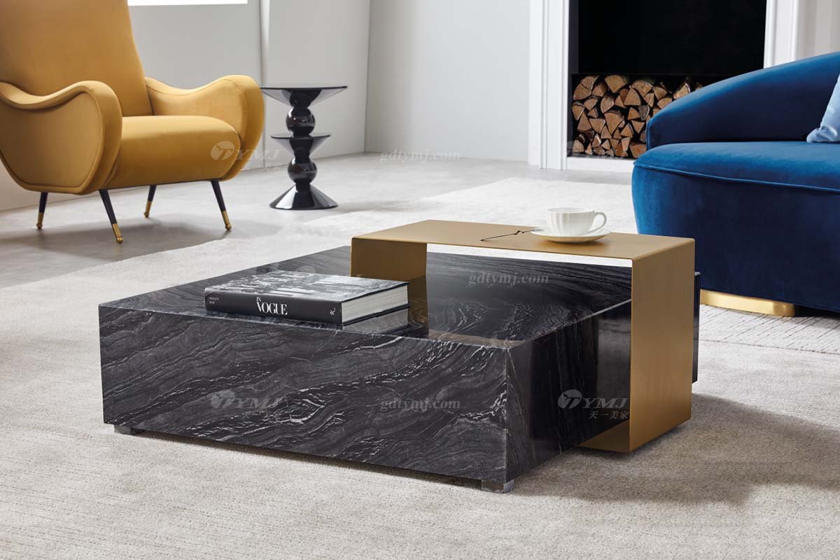 极简风格家具LUTUBE视频在线观看别墅会所大宅简约天然大理石+拉丝不锈钢茶几WD609茶几场景