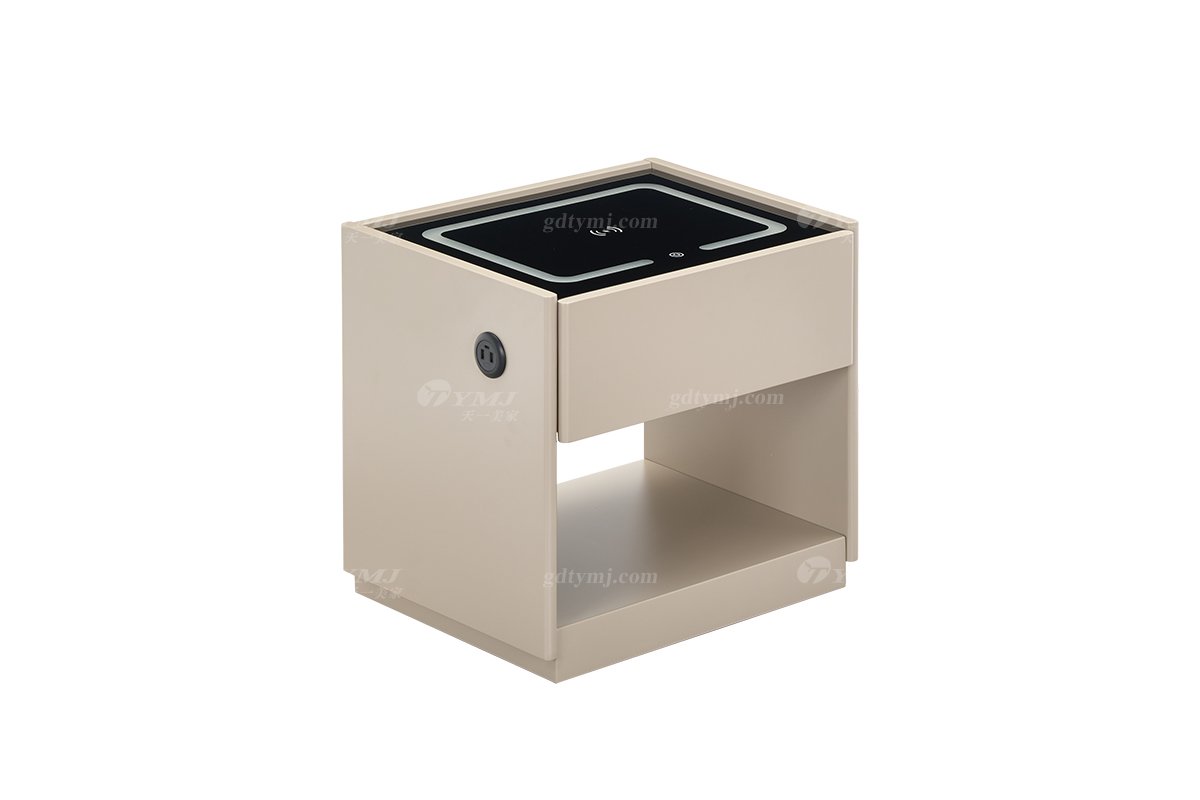 时尚LUTUBE视频在线观看意式极简家具别墅大宅钢化玻璃面卡其色哑光带灯带床头柜