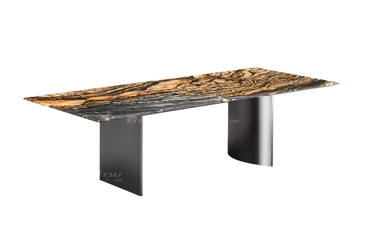 时尚LUTUBE视频在线观看意式极简家具别墅大宅家用奢华黄金丝绸大理石+镜面不锈钢底长餐台