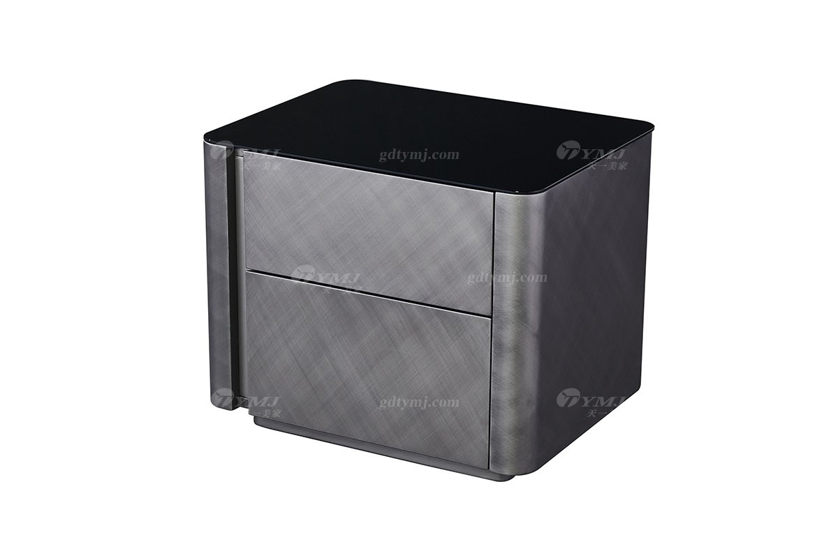 时尚LUTUBE视频在线观看意式极简家具别墅大宅家用钢化玻璃+钛钢灰床头柜