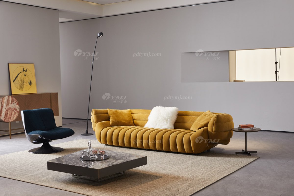 时尚LUTUBE视频在线观看意式极简家具别墅家用豪宅黄色磨砂皮四位沙发SF-9050四位沙发
