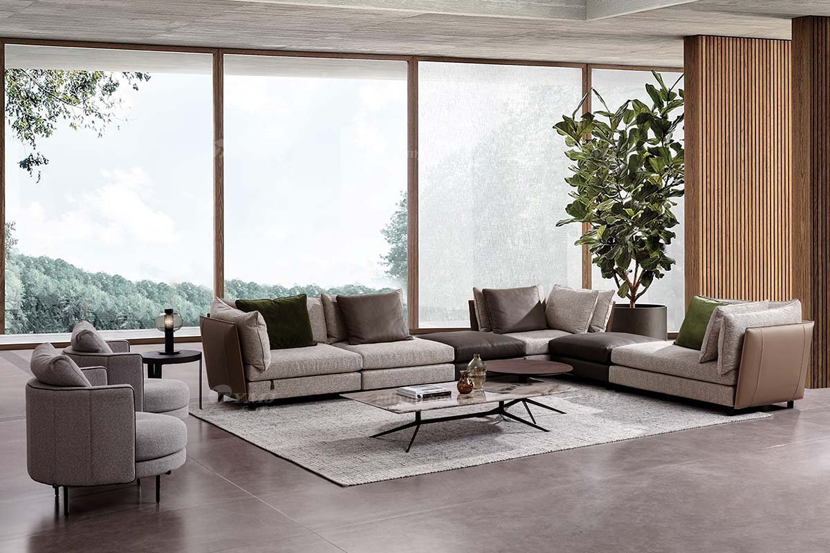 时尚LUTUBE视频在线观看现代极简家具别墅大宅家用真皮布艺结合组合沙发F9535转角沙发