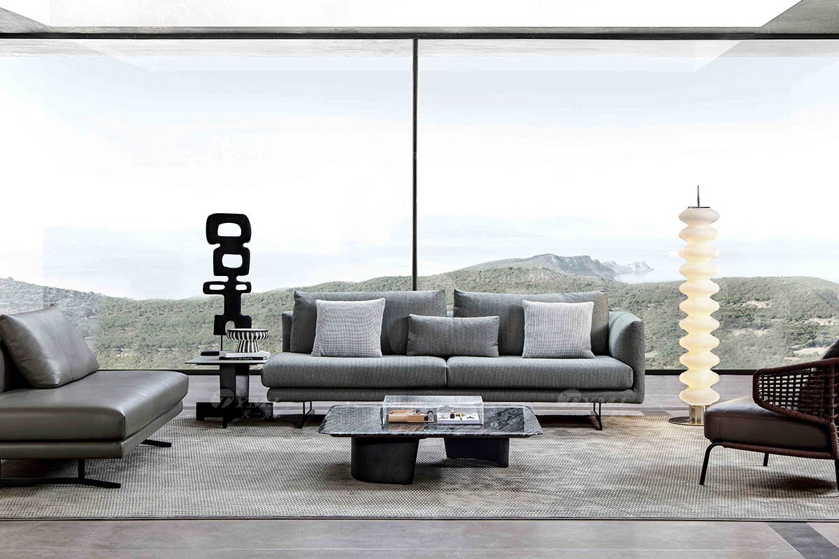 时尚LUTUBE视频在线观看现代极简家具别墅大宅家用灰色布艺单扶手三位沙发F9562B三位沙发场景