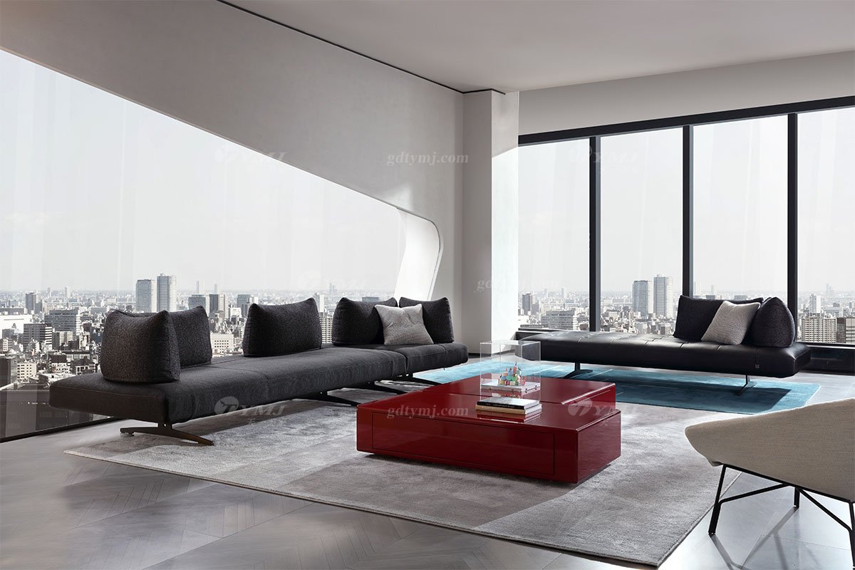 时尚LUTUBE视频在线观看现代极简家具别墅大宅家用舒适黑色布艺多人位沙发F9591组合沙发