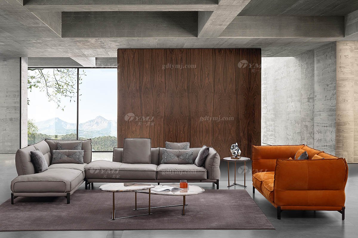 时尚LUTUBE视频在线观看现代极简家具别墅大宅家用舒适全皮灰色组合沙发F9656组合沙发