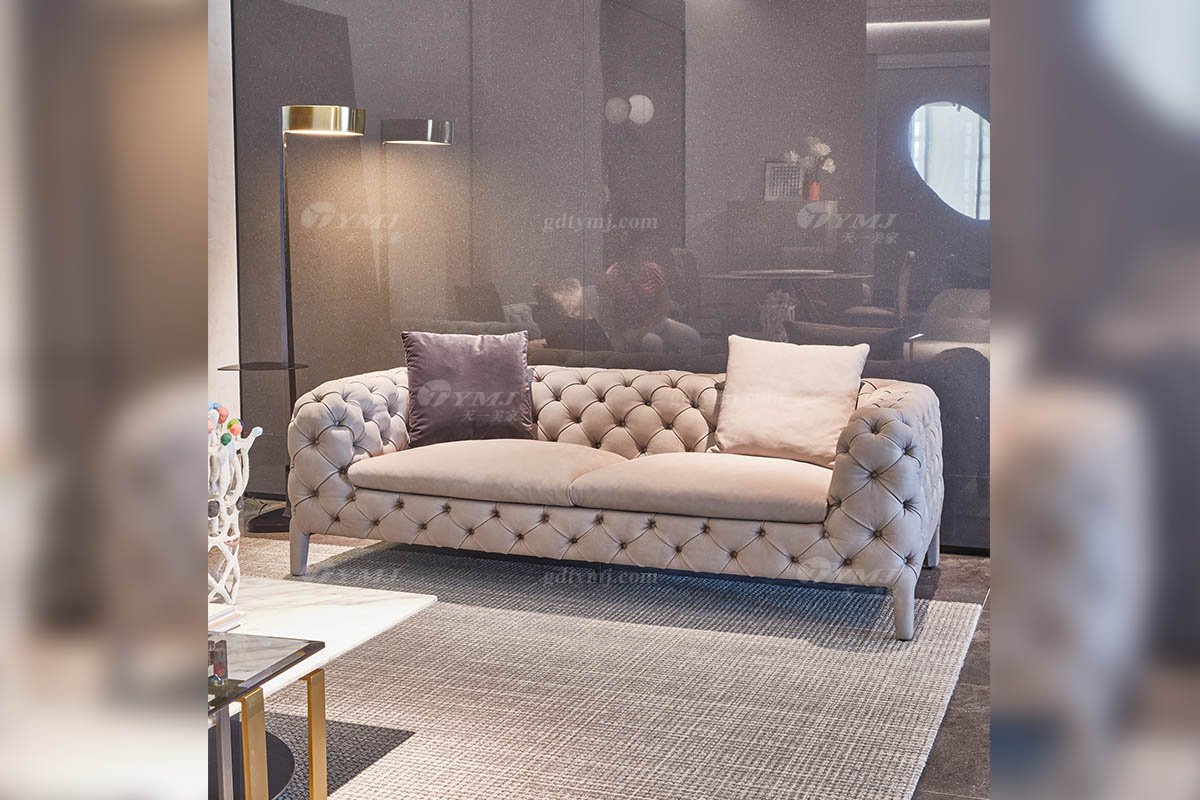 时尚LUTUBE视频在线观看现代极简家具别墅大宅大户型舒适大气灰色拉扣全皮二位沙发F9670拉扣沙发