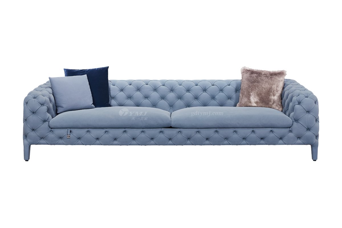 时尚LUTUBE视频在线观看现代极简家具别墅大宅大户型舒适大气蓝色拉扣全皮三位沙发