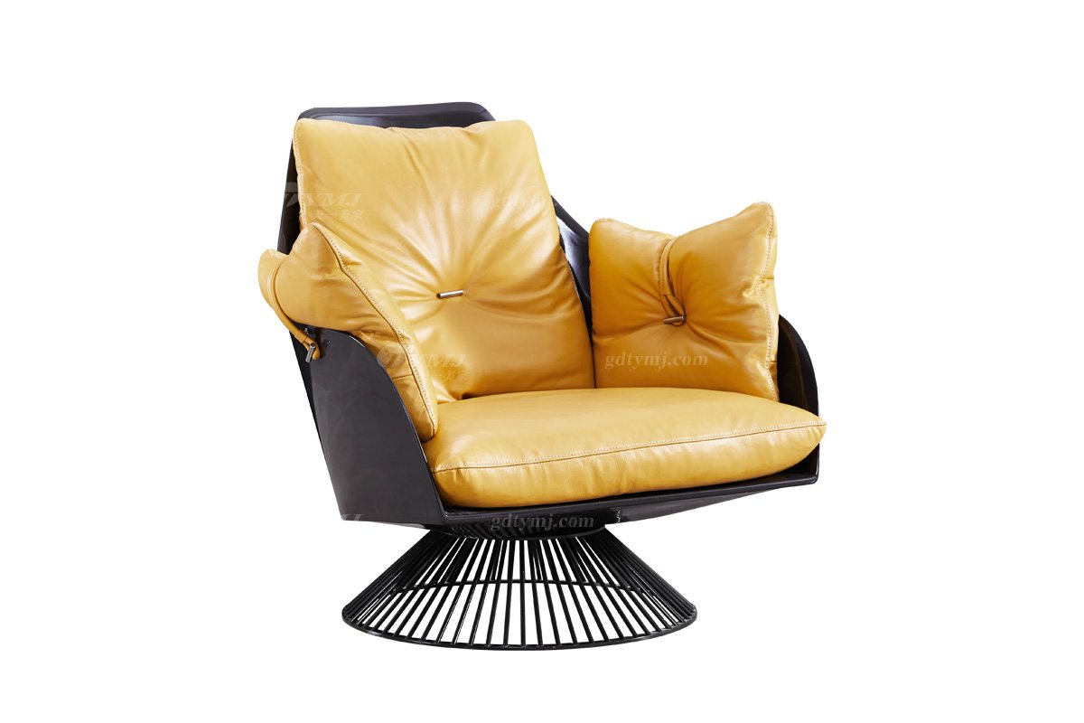 时尚LUTUBE视频在线观看现代简约家具家用别墅舒适黄色真皮+玻璃钢休闲椅